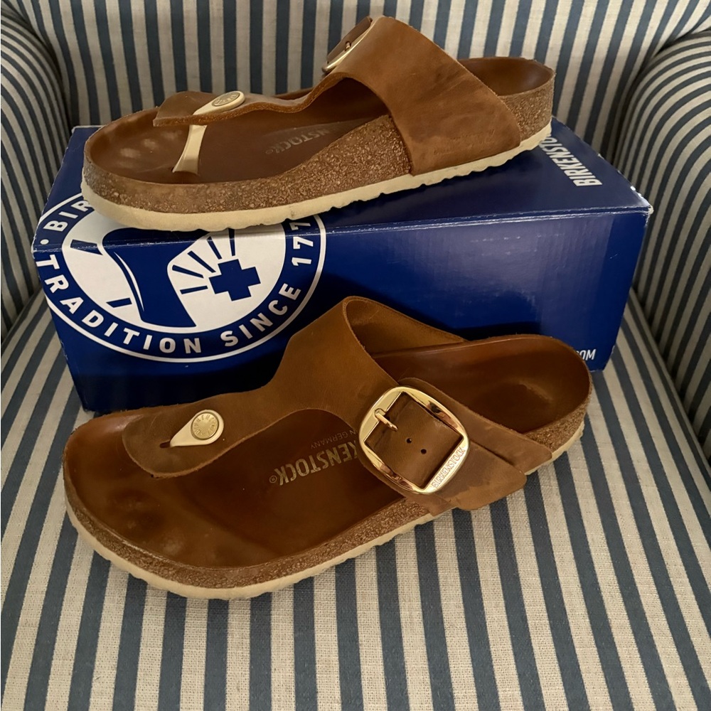 Birkenstock Tan Sandals with Gold Buckle